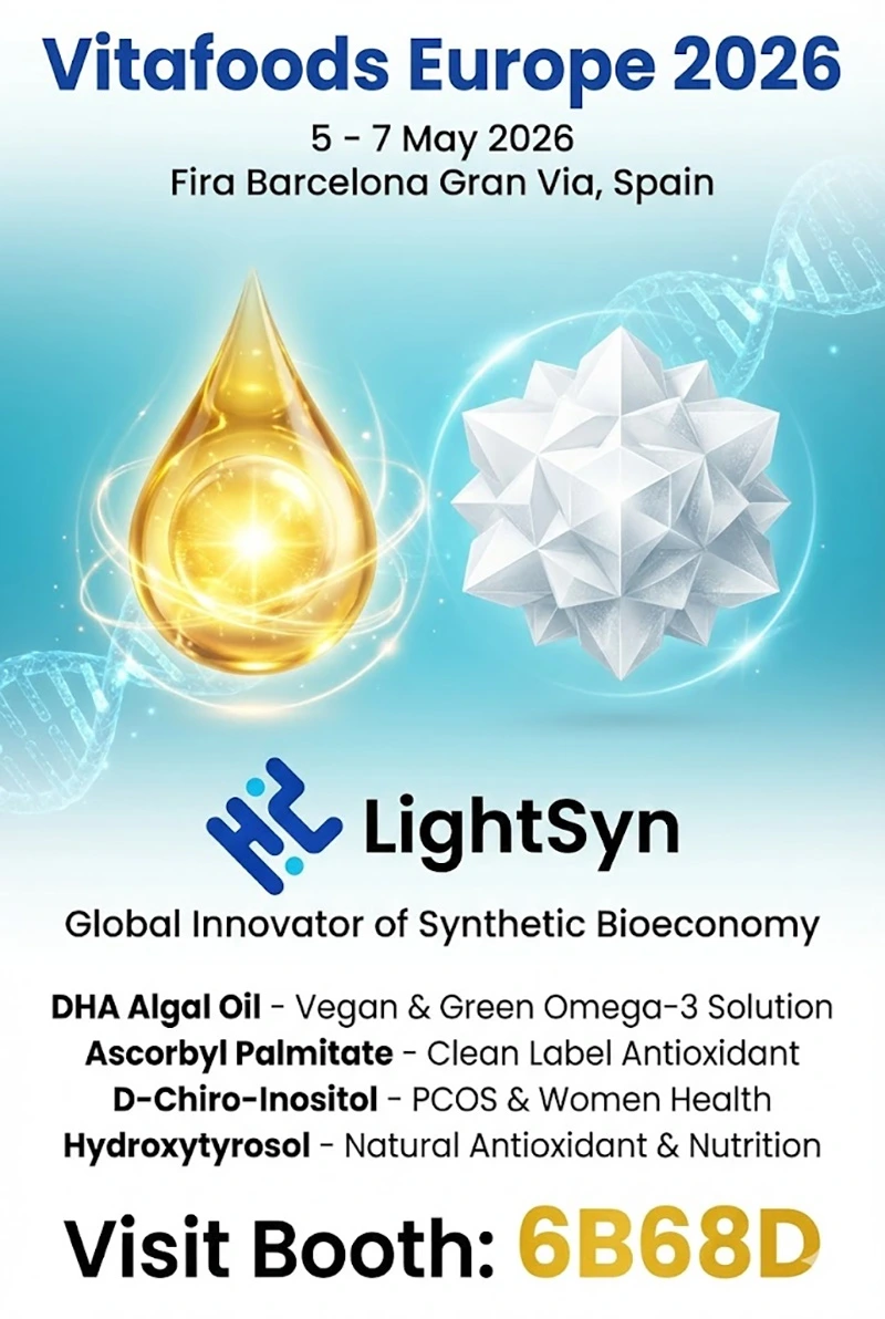 ¡Nos complace anunciar que LightSyn, una empresa innovadora a nivel mundial en la bioeconomía sintética, estará presente en Vitafoods Europe 2026 en Barcelona! A medida que crece la demanda de ingredientes sostenibles y de etiqueta limpia, llevamos nuestras soluciones de vanguardia en biología sintética al escenario mundial. Acompáñenos a descubrir cómo estamos redefiniendo la nutrición con la naturaleza y la tecnología.  Dónde: Fira Barcelona Gran Via, España   Cuándo: 5-7 de mayo de 2026   Stand: 6B68D Descubra nuestras principales innovaciones en exposición:   Aceite de algas rico en DHA: una solución vegana y ecológica de omega-3 de alta pureza.   Palmitato de ascorbilo (L-AP): El antioxidante de etiqueta limpia producido mediante síntesis enzimática.   D-Chiro-Inositol (DCI): Un ingrediente revolucionario para el SOP y la salud de la mujer.   Hidroxitirosol: Un potente antioxidante natural para la nutrición avanzada. Conectemos y hablemos sobre el futuro de los ingredientes funcionales.  ¡Nos vemos en el stand 6B68D en Vitafoods Europe 2026!« /></p>
<p style=